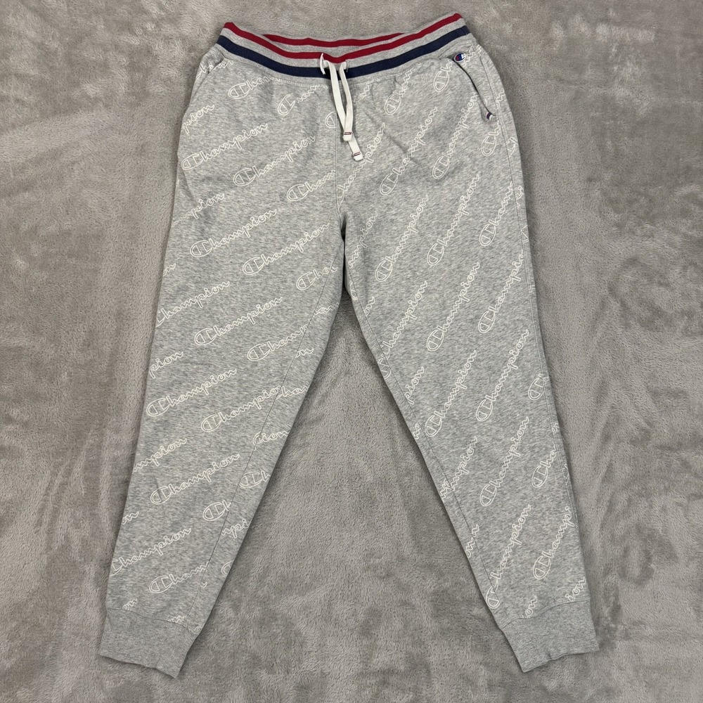Champion Sweatpants Mens Medium Gray Warm‎ Up Jogger All Over Print Spellout
